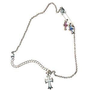 Chrome Hearts Silver Cross Necklace with Pink and Blue Charms